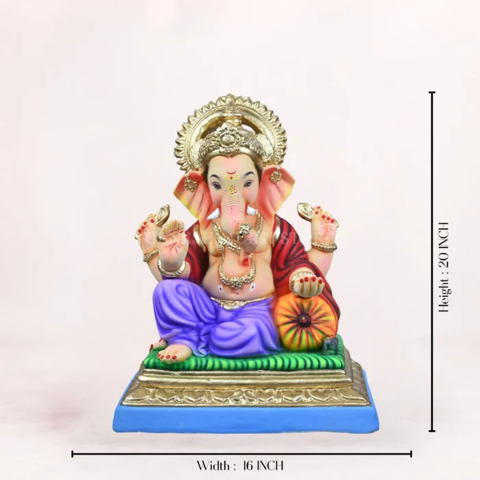 Zoomed-in close-up view highlighting the intricate ornaments and detailed facial features of the Peshwai Load Light Purple Dhoti 20 Inch Eco-Friendly Ganpati Idol.