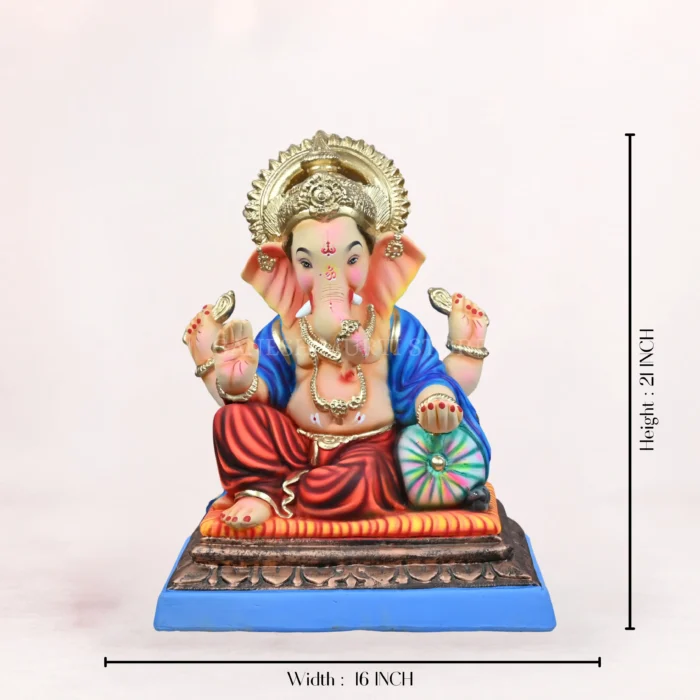 Zoomed-in close-up view of the intricate details on the Peshwai Load Red Dhoti 20 Inch Eco-Friendly Ganpati Idol.