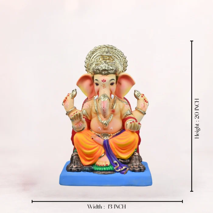Zoomed-in close-up view highlighting the intricate ornaments and facial features of the Philip Yellow Dhoti 20 inch Eco Friendly Ganpati Idol.