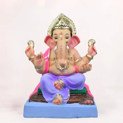 Front view of an eco-friendly 18 inch clay Ganesh idol with a light purple dhoti, seated on a decorative aasan, ideal for Ganesh Chaturthi celebrations.