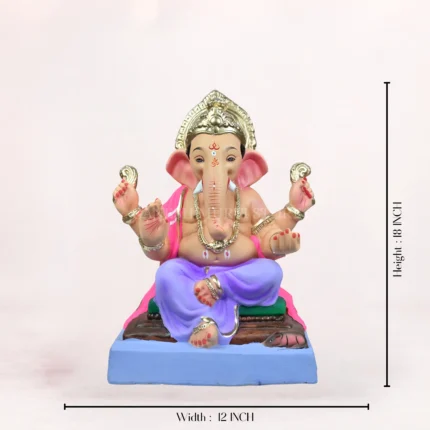 Handcrafted 18 inch eco-friendly clay Ganesh idol with a light purple dhoti, seated on a decorative aasan, designed for Ganesh Chaturthi celebrations.