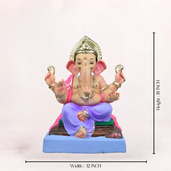 Handcrafted 18 inch eco-friendly clay Ganesh idol with a light purple dhoti, seated on a decorative aasan, designed for Ganesh Chaturthi celebrations.