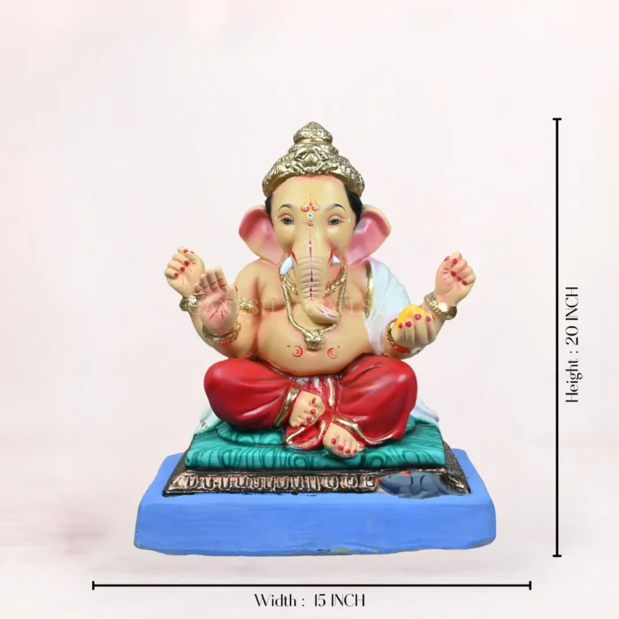 Zoomed-in close-up view highlighting the intricate ornaments and facial features of the Philips Red Dhoti 20 Inch Eco Friendly Ganpati Idol.
