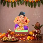 6 Inch Ekadanta Purple Dhoti Eco-Friendly Clay Ganpati Idol in festive home setup