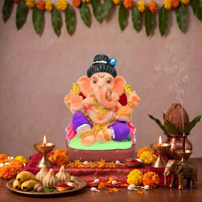6 Inch Ekadanta Purple Dhoti Eco-Friendly Clay Ganpati Idol in festive home setup
