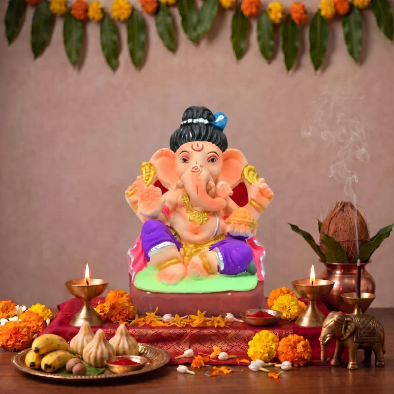 6 Inch Ekadanta Purple Dhoti Eco-Friendly Clay Ganpati Idol in festive home setup